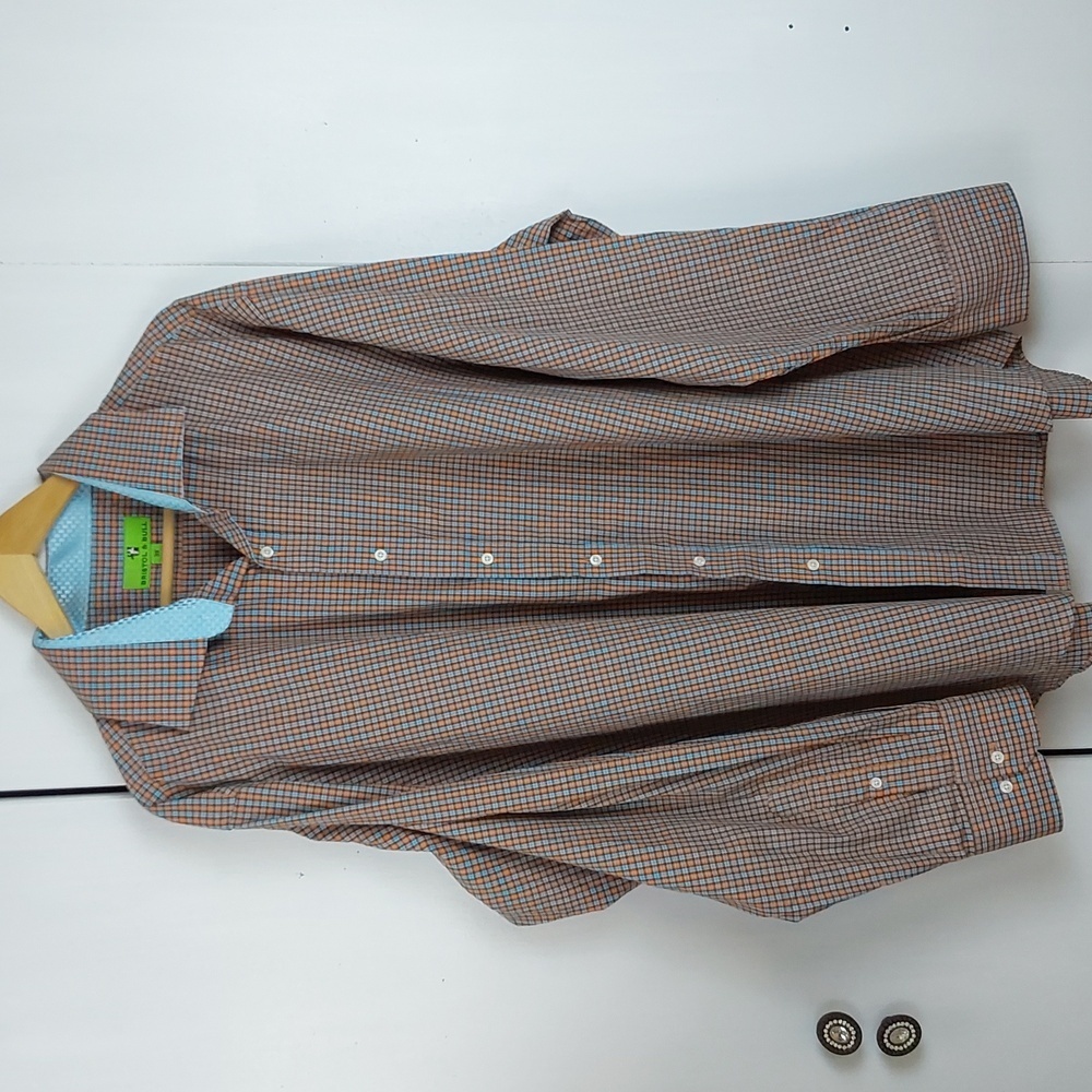 Bristol & Bull Mens Blue/ Orange Checkered Dress Shirt Formal/ Casual Sz.3X